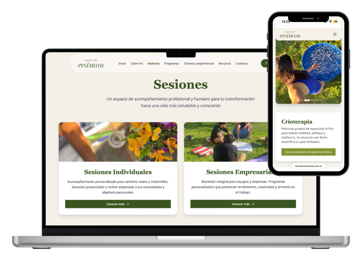 Diseño web institucional de Nutrición Evolutiva adaptado a notebook y celular